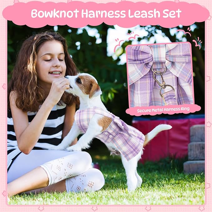 Coppthinktu Plaid Dog Dresses for Small Dogs Girl Bowknot Harness Leash Set