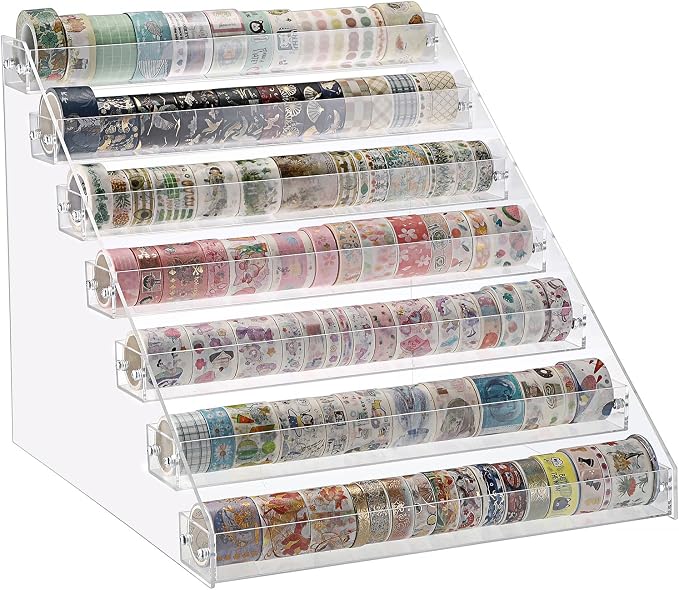 BTSKY 7 Tier Washi Tape Organizer - Clear Plastic Washi Tape Storage Rack, Assembly Washi Tape Storage Holder Washi Tape Dispenser Desk Accessories Display Caddy for Scrapbooking Art Craft Supplies
