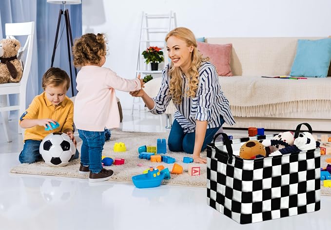 Rectang Checkered Flag Storage Basket Gift Shelf Basket Storage Bin, Nursery Basket Organizer Box for With Handles for Room Deco