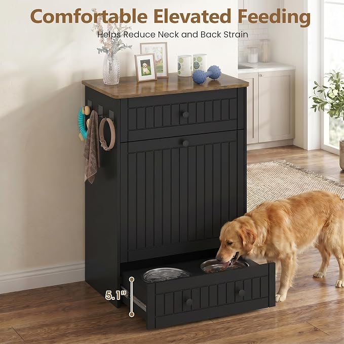 Dog Feeding Station Cabinet Elevated Bowls (Black, Classic Panel) | Slow Feeder Insert, Large food bin, Removable Divider, 3 Side Hooks, Pull-Out Drawer, Easy to Clean for Small & Middle Dogs
