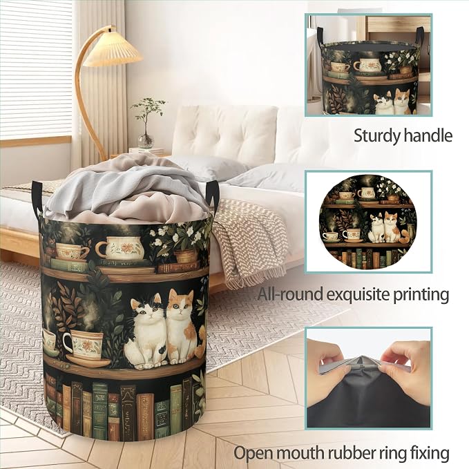Cat Bookshelf Round Laundry Hamper Storage Basket Toys Clothes Organizer Bin For Home Bathroom Bedroom Dorm Nursery
