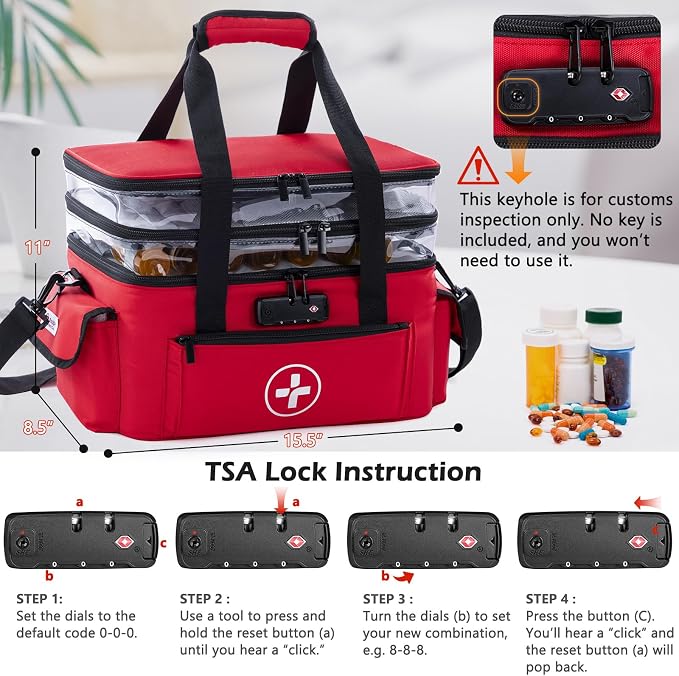 BAGSFY 3-Tier Medicine Organizer with Combination Lock – Large Medicine Bag, Empty First Aid Kit Case, Pill Bottle Medical Supply Organizer, Travel Prescription Bag, Medication Storage Container