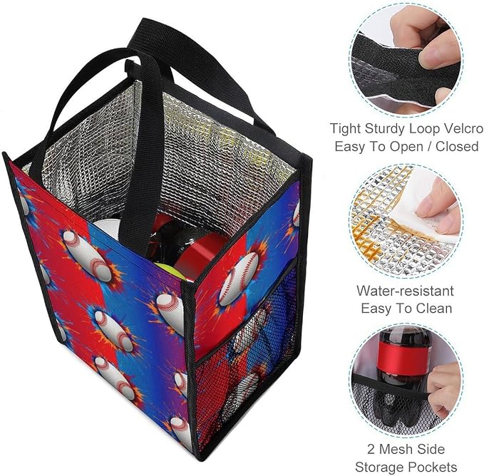 Portable Insulated Lunch Bag Thermal Lunch Organizer Reusable Cooler Tote Bags Compatible with Paint Splash Ink Baseball Lunchbox for Travel Office