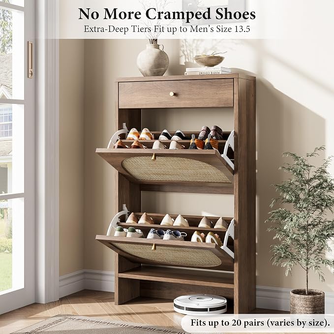 Shoe Cabinet for Entryway, Slim Shoe Rack with 2 Flip Drawers and Top Storage Drawer, Narrow Shoe Organizer with Printed Rattan-Look Design, Entryway Shoe Storage for Size 12+ Shoes, Caramel