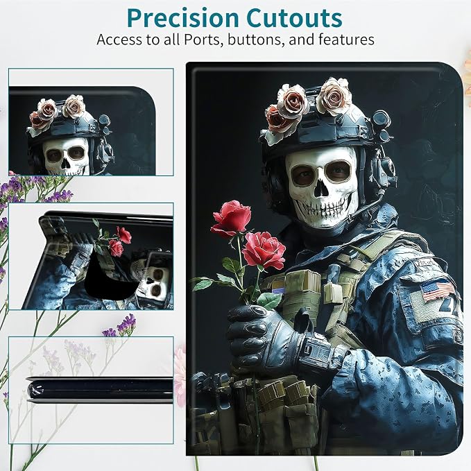 Case for Samsung Galaxy Tab A 10.1" 2019 SM-T510/T515/T517, 360 Degree Rotating Stand with Multi-Angle Vertical & Horizontal Viewing Shockproof Shell for Women Men, Skull Man Flower
