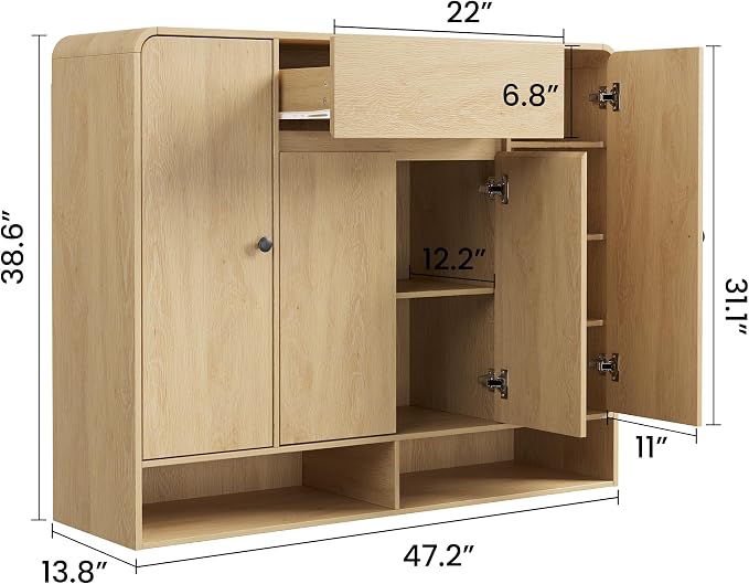 Garvee Shoe Cabinet with 4 Doors and 1 Drawer, Freestanding Wood Shoe Storage Organizer with Open Bottom Shelf, Modern Entryway Shoe Cabinet for Hallway, Foyer, Natural Oak