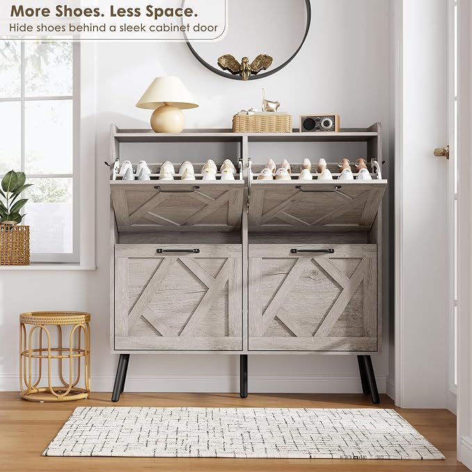 Shoe Cabinet with 4 Flip Drawers, Freestanding Shoe Organizer Cabinet, Farmhouse Narrow Shoe Storage Cabinet for Entryway, Foyer, Hallway