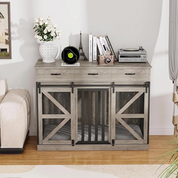 Spacesea Large Dog Crate Furniture with Sliding Barn Door, 48" Wooden Dog Kennel Indoor End Side Table for Home Decor, Removable Divider, 3 Drawers, Furniture Style Dog Crate TV Stand