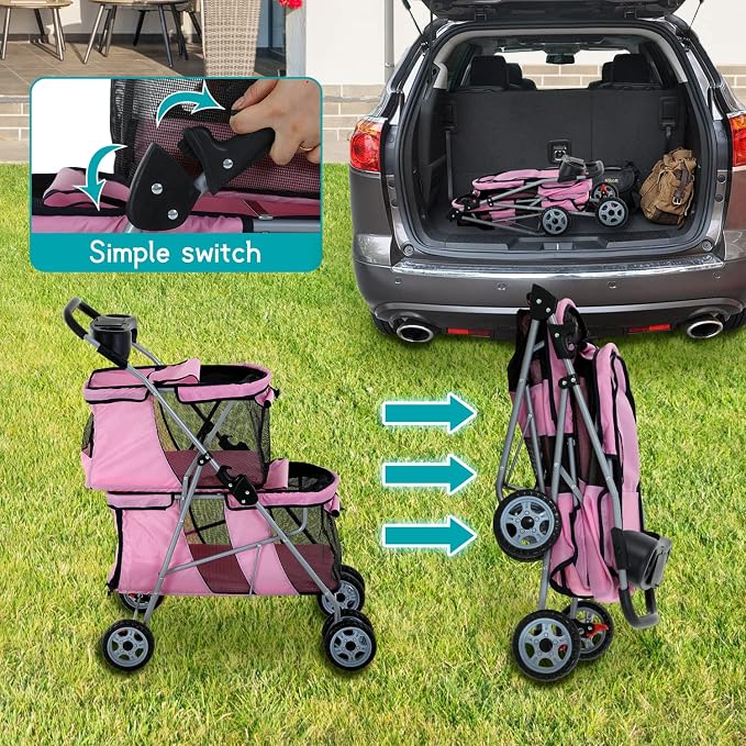HHS Pet Strollers for 2 Dogs and Cats, Double 4 Wheel Doggie Small Medium Pets with Safety Belts Folding Portable Carriage Cart Storage Basket Travel Jogger, Pink, pinck, 30 x 19 40 Inch