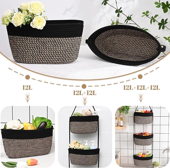 Hanging Basket, 3-Tier Woven Wall Basket with 4 Hooks, Cotton Rope Storage Baskets, Over the Door Organizer for Nursery, Bedroom, Cottage and Boho Wall Decor