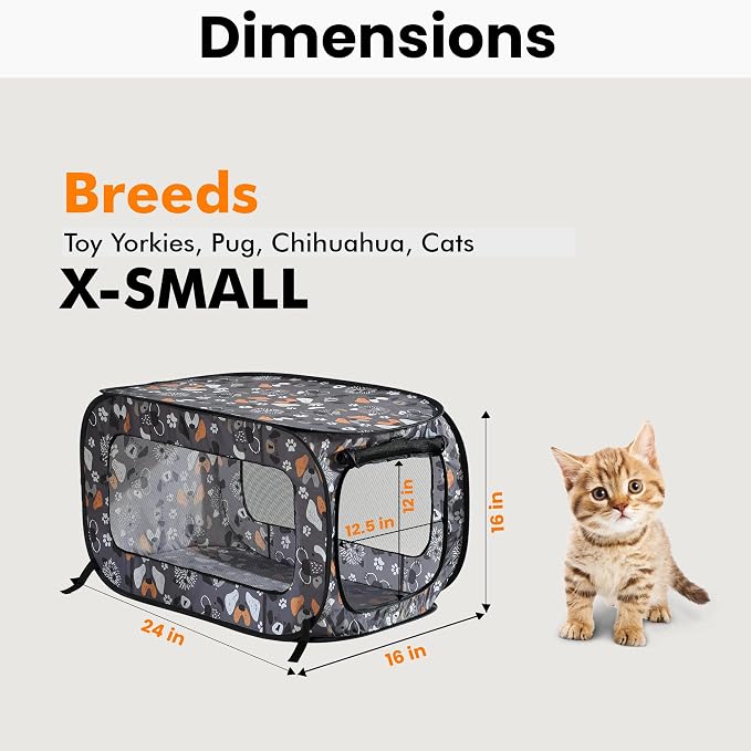 Portable Collapsible Pop Up Kennel, 24" L x 16.6" W x 16" H, Face of Love | Collapsible indoor/outdoor travel cat and dog crate with mesh screen windows pops up and folds flat for easy storage