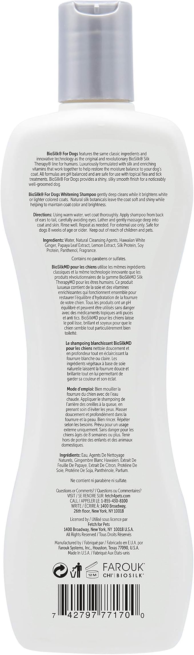 BioSilk Silk Therapy Whitening Dog Shampoo, Brightening Pet Shampoo with Silk Protein for White and Light Colored Coats, Enhances Shine and Softness, pH Balanced Dog Wash, 12 Fl Oz