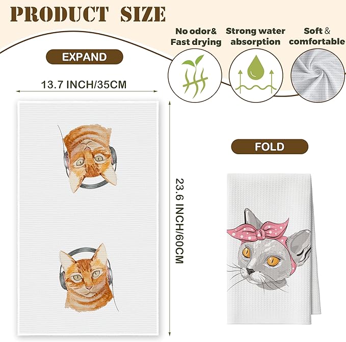 Kitchen Towels Set of 2, Headphone Cat Dish Towel for Kitchen, Funny Pink Bow Kitten Hand Towels for Bathroom, Fast Drying Tea Towel, Housewarming Xmas Gifts for Cat Lover Women Mom -B09