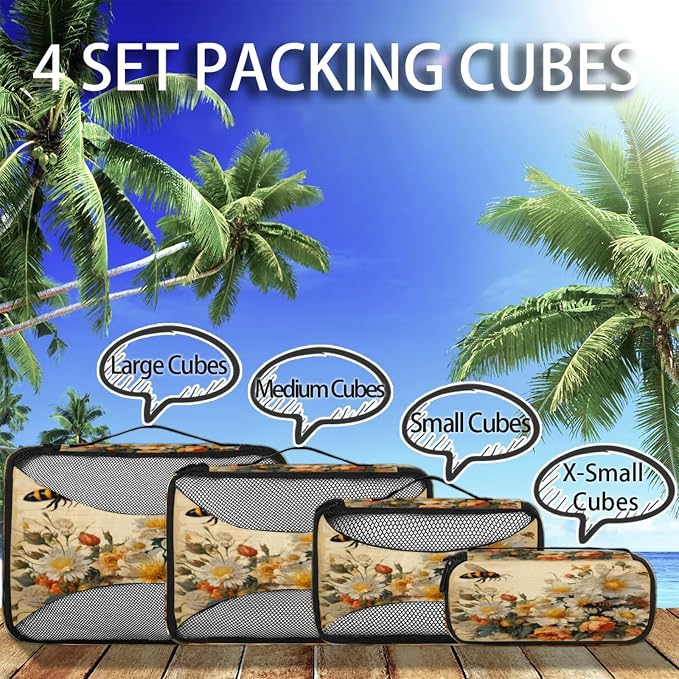 Spring Summer Flower Packing Cubes for Travel, Luggage Packing Organizers, Bee Travel Accessories Large Toiletries Bag for Clothes Shoes Cosmetics Toiletries