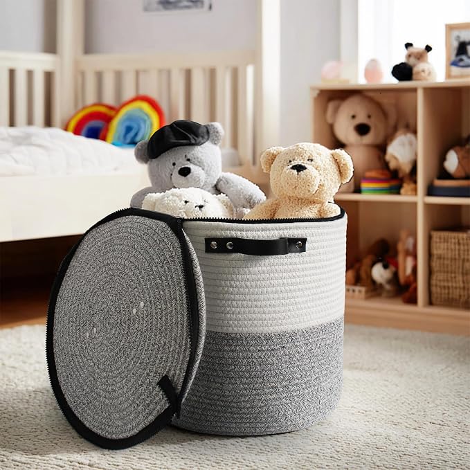 Large Basket with Lid, 18"x14" Woven Blanket Storage for Living Room, Round Cotton Rope Storage Bin with Zipper Top, Shoe Basket with Lid for Entryway, Floor Kids Dog Toy Bin Box with Cover