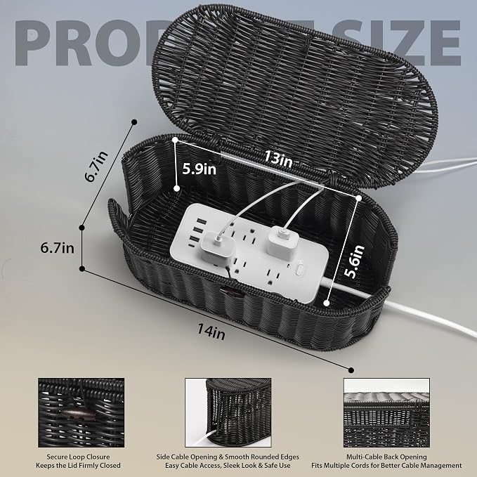 Oval Rattan Style Cable Management Box, Cable Organizer Button Loop Closure