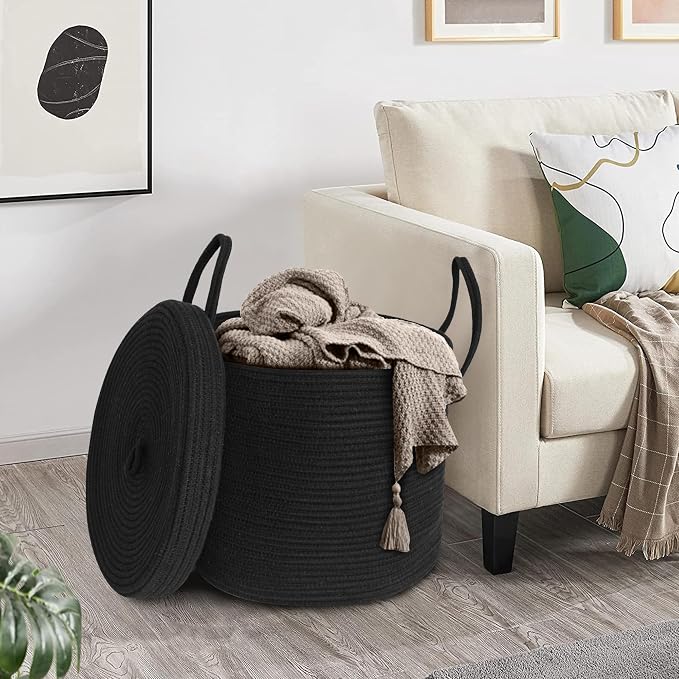 15" X 13" Large Black Basket with Lid, Cotton Rope Storage Basket for Blanket, Toy, Pillow, Towel, Laundry, Wicker Living Room Bedroom Storage Bin, Black Woven Organizing Basket with Cover