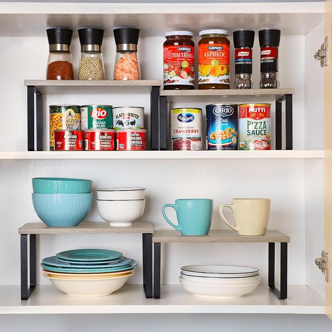 NEX Kitchen Cabinet and Counter Shelf Organizer, Shelf Riser for Pantry Countertop Cupboard Desk Top, Stackable & Expandable, Set of 4, Black and Greige | Stackable & Expandable Spice Rack, Space-Saving Pantry Organizers Bathroom Countertop Storage, Bl...