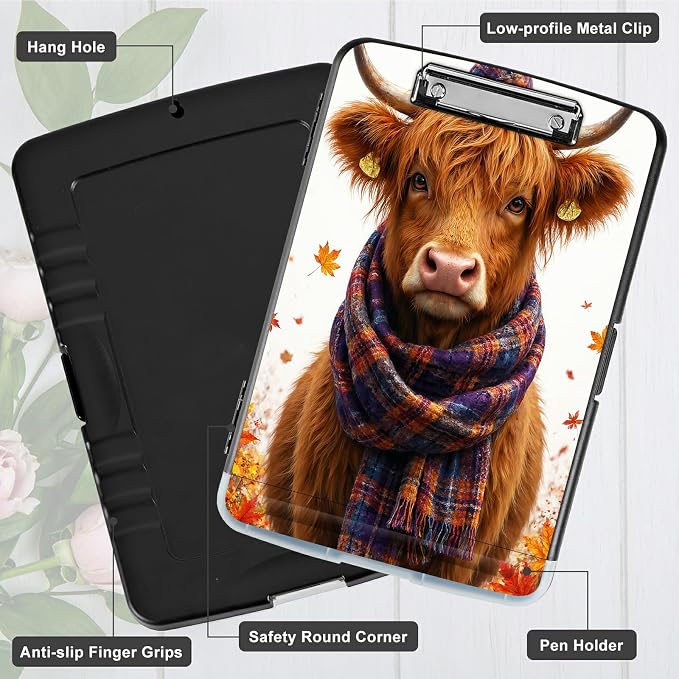 A4 Clipboard with Storage Pen Holder, Clipboards Organizer Nursing Clipboard Foldable File Folder Plastic Clipboard Folio Clip Board for Office Work Classroom Doctor, Scarf Yellow Bull