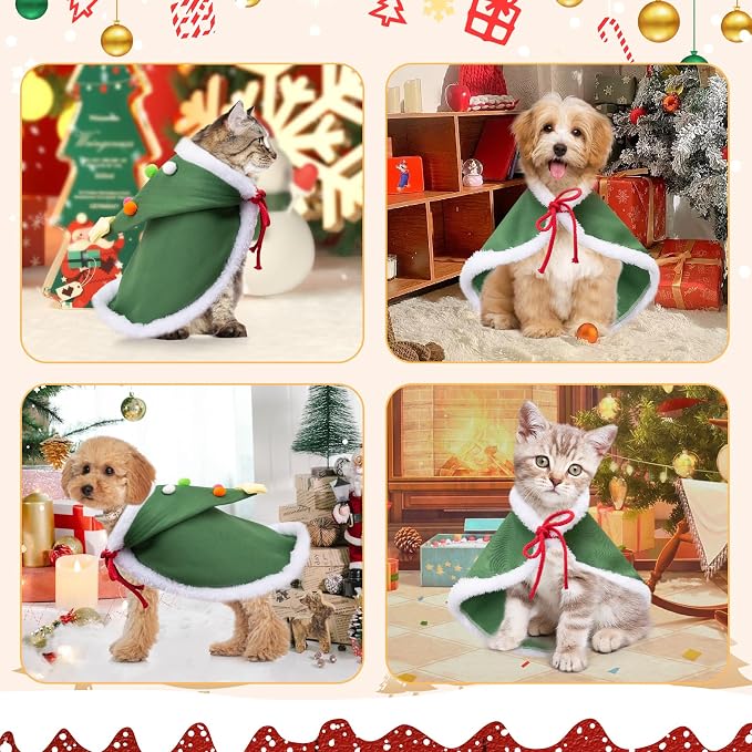 Cat Christmas Cape, Dog Soft Thick Xmas Cloak with Velvet Stars Hat, Pets Christmas Costume Dogs Cats Santa Claus Outfits for Goose Rabbit, S