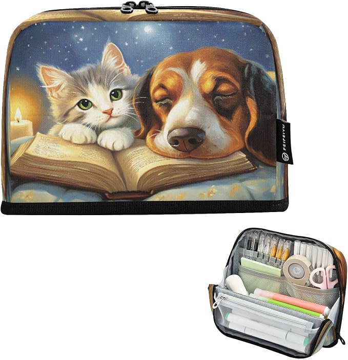 panksolu Cute Pets Cat and Dog Pattern Pencil Case Large Capacity Pencil Pouch with Zipper Portable Pen Bag Organizer Standing Supplies Pen Bag for Office Women Men
