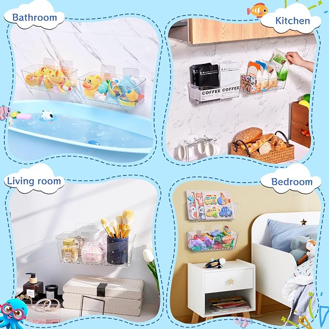 Antimbee Clear Bath Toy Storage 2 Pack, Large Bath Toy Holder (2 US Gal) | No Stains, Quick Dry, Adhesive Mount, Easy Scoop, Visibility, BPA-Free Bath Toy Organizer, Shower Caddy for Bathtub, Bathroom