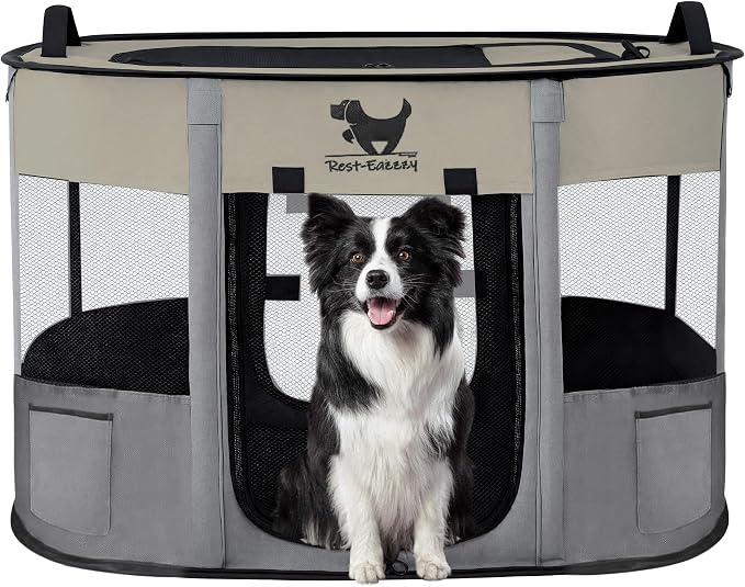 Dog Playpen, Foldable Kitten Playpen for Medium Dogs, Portable Pet Puppy Playpen with Removable Shade Cover, Indoor Outdoor Travel Camping Use for Small Pets with Carrying Case (XL, Grey)