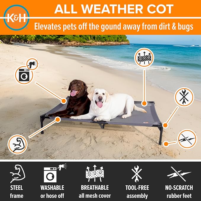 K&H Outdoor Elevated Dog Bed, Cooling Raised Dog Bed, Jumbo 56x38in, Gray | Pet Cot for Extra Large & Giant Pets, Breathable Mesh 360 Hammock Design, Indoor/Outdoor Washable Cover, Portable Metal Frame