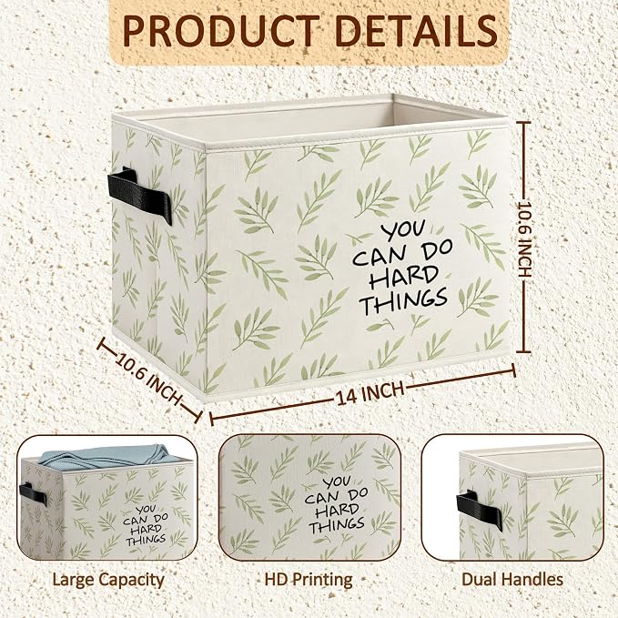 You Can Do Hard Things Inspirational Foldable Storage Bins Box with Handles, Green Leaves Decorative Storage Boxes Baskets Organizer for Home Office, Motivational Gifts for Women Men