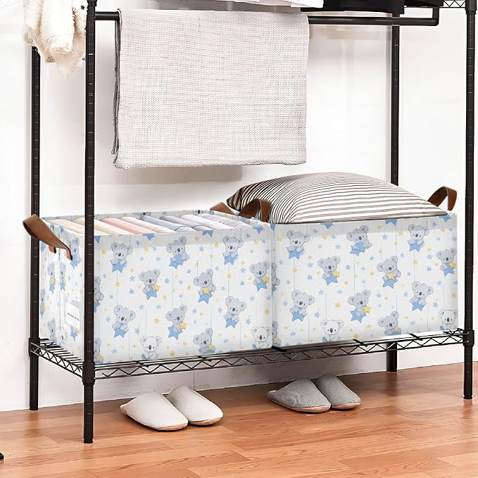 Cute Koala Picking Stars Storage Basket Foldable Cube Storage Bins with Handles&Label Waterproof Collapsible Organizer Box Bin Large Rectangle Decorative Baskets for Shelves Home Room Laundry-2 PC