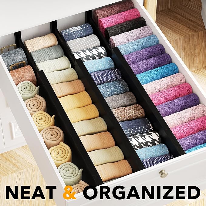 SpaceAid Bamboo Dresser Drawer Dividers 6 Pack, 4.65“ High Adjustable 17“-22” Drawer Organizers, Expandable Organization for Clothing, Clothes, Dressers, Black