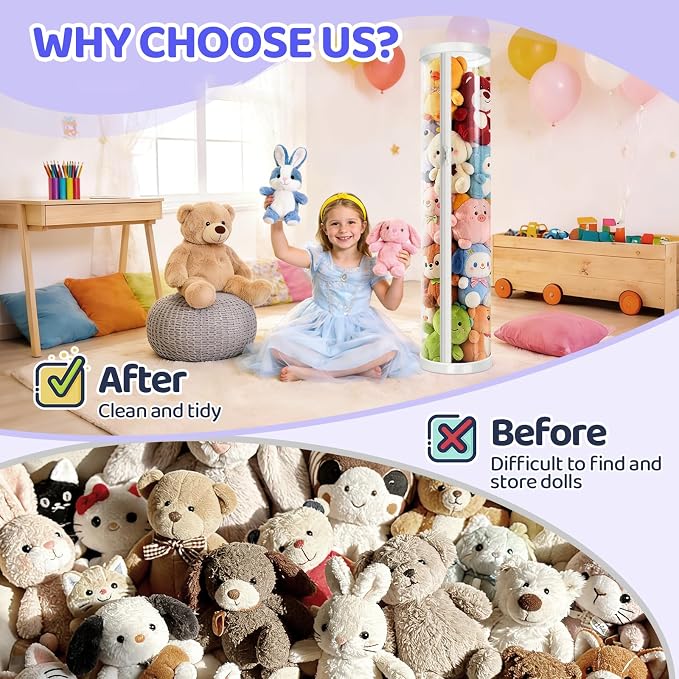 Stuffed Animal Storage Tube, Dust-Resistant 47x11 Inches Large Capacity Toy Storage Organizer with Zipper, Easy Assembly & Space Saving for Plush Toys, Playrooms Living Rooms Bedrooms White