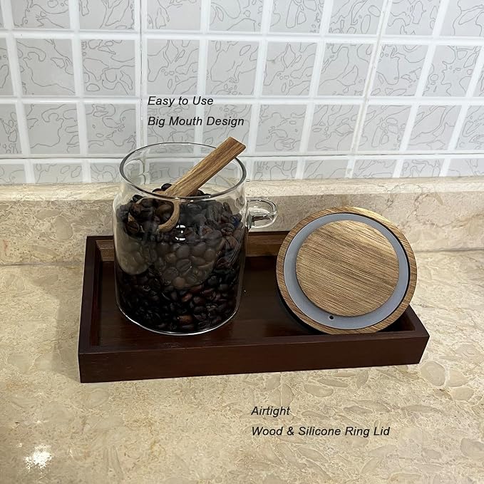 Glass Jars with Brown Wooden Lids and Scoop, Airtight Food Storage Containers with Tray for Sugar Coffee Bean Candy Spice (2, Brown, 13 oz)