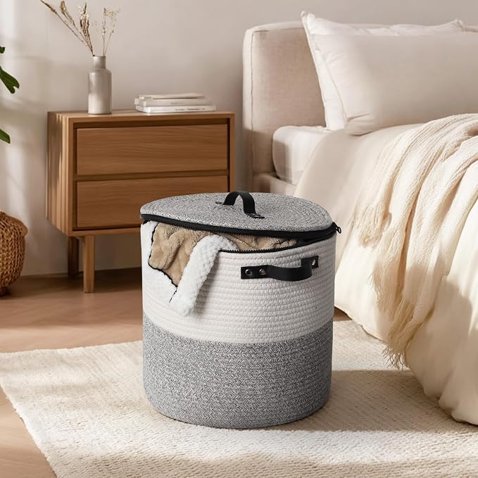 Storage Basket with Lid, 15"x13" Round Woven Blanket Storage for Living Room, Soft Cotton Rope Bin with Zipper Top, Shoe Basket with Lid for Entryway, Floor Kids Dog Toy Bin Box with Cover