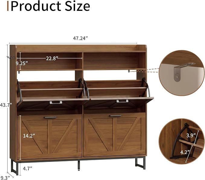 Xixini Shoe Storage Cabinet with 4 Flip Drawers, Entryway Shoe Rack, Walnut | Freestanding Narrow Shoe Storage, Hidden Slim Wood Shoe Organizer, Modern Farmhouse, Open Storage & Hooks for Closet, Hallway