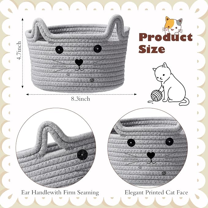 Zopeal Cat Storage Basket Woven Organizer with Ears Decorative Gift Cute Cotton Rope Pet Toy Basket for Gift Cat Dog Toy Bin Nursery Room(8.3 x 4.7 Inch,Light Gray)