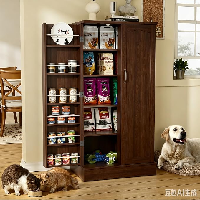 Saudism 47" Dog Food Storage Cabinet with Doors and Adjustable Shelves | Freestanding Pet Storage Container Organizer for Living Room and Dinning Room, Walnut