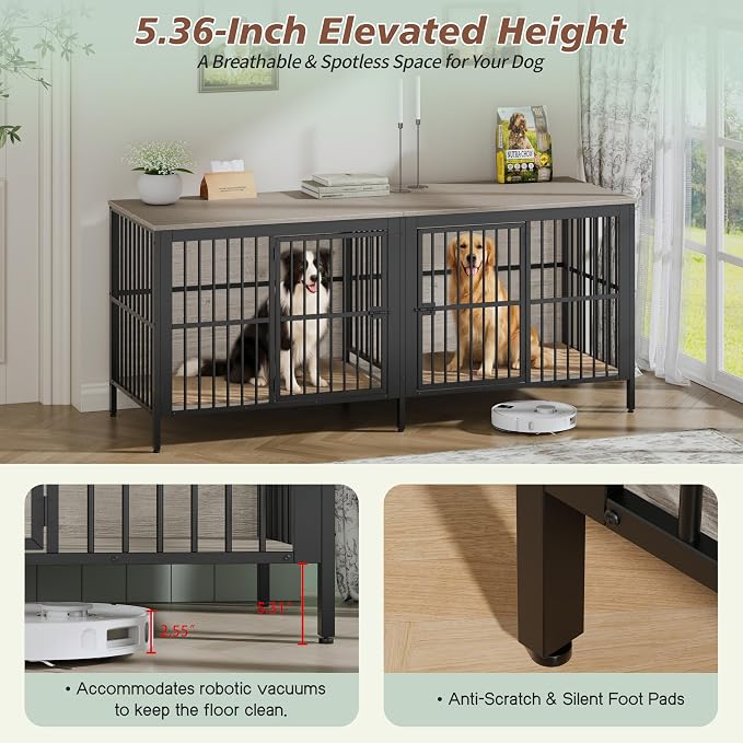 80'' Double Dog Crate Furniture for 2 Dogs, Large Dog Kennel Furniture Indoor as TV Stand, Wooden Dogs Cage Heavy Duty Kennel End Side Table for Living Room, Large & Medium Dogs, Grey