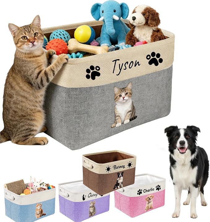 Personalized Dog Cat Toy Basket with Name Photo, Custom New Puppy Toy Storage Bins with Handles, Customized Baskets Organizer for Blankets Pet Supplies Clothes Food
