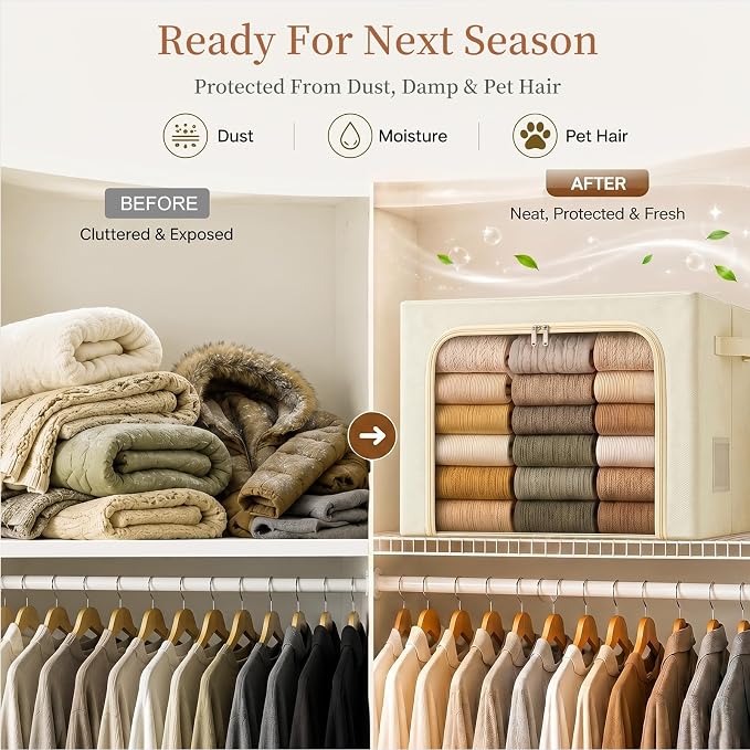 GoMaihe Clothes Storage Bins with Metal Frame for Blanket 3 Pack 66L Beige | Closet Top Shelf Linen Closet, Winter Clothing Bedding Comforters, 3 Side Access Stackable Collapse-Proof See Through Window