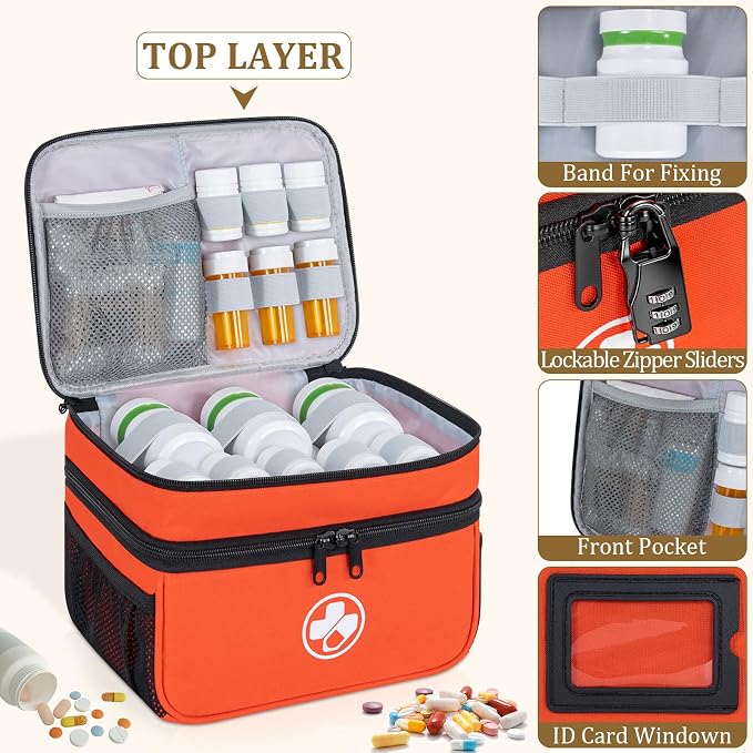 Dual Layers Medicine Organizer, Lockable Travel Pill Bag, Orange | Adjustable dividers for neat pill organization. Durable zippers & portable design suit daily use, travel or first aid kit