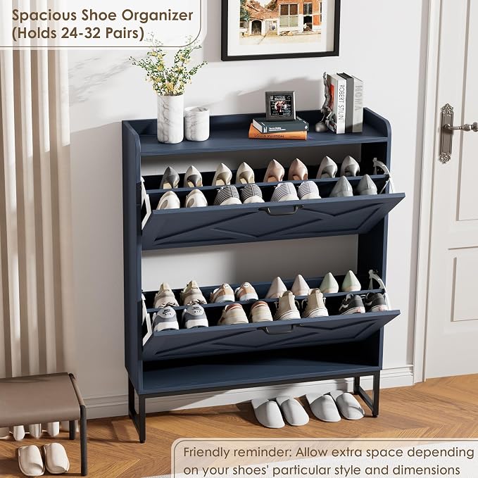 Shoe Storage Cabinet, Shoe Cabinet with 2 Flip Drawers, Narrow Shoe Rack Cabinet, Farmhouse Slim Shoe Cabinet Storage for Entryway,Blue