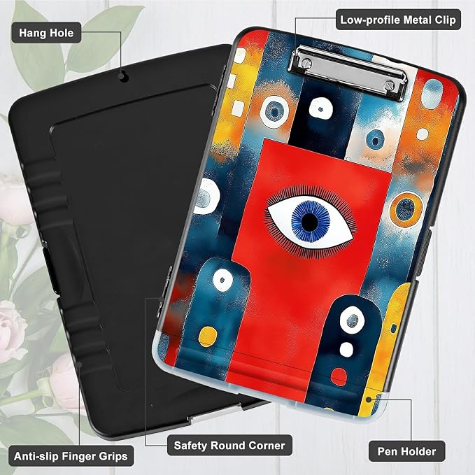 A4 Clipboard with Storage Pen Holder, Clipboards Organizer Nursing Clipboard Foldable File Folder Plastic Clipboard Folio Clip Board for Office Work Classroom Doctor, Artistic Eyes