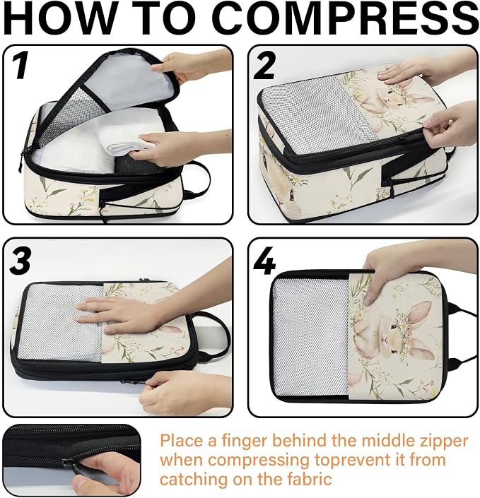 Easter Bunny 6 Set Compression Packing Cubes | Spring Floral Travel Accessories Expandable Packing Organizers Space Saver Bags for Organizing Clothes