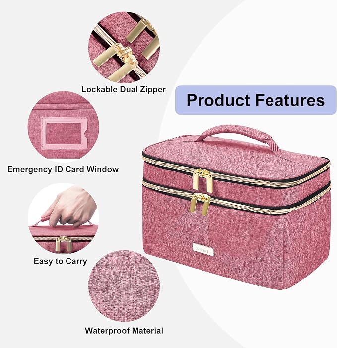 Lexeeco Travel Medicine Pill Bottle Organizer Bag with Portable Small Pouch | Medication Case with Lockable Zipper for Pill,Vitamin,Medicine Storage Box for College Dorm Student,Home,First Aid Bag Empty