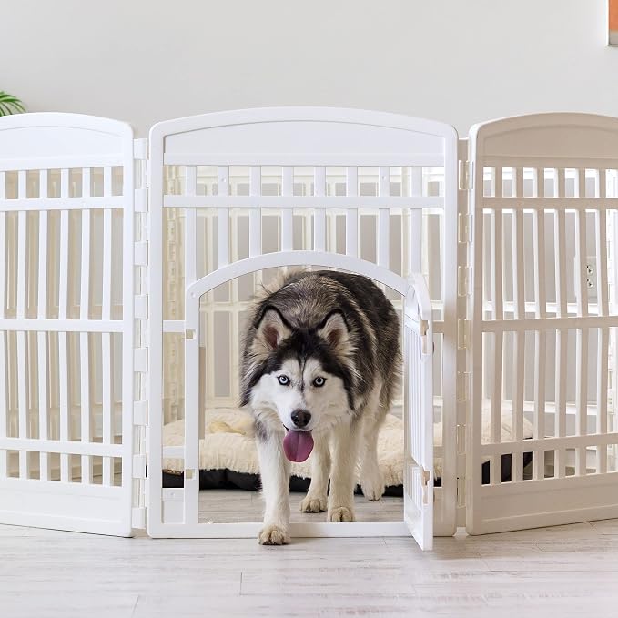 IRIS USA 8-Panel Dog Playpen, Pet Enclosure, White | Pet Containment, Custom Pen Configuration, Multi-Shape Setup, Flexible Boundary, Stable Non-Tip Base, Tool-Free Assembly