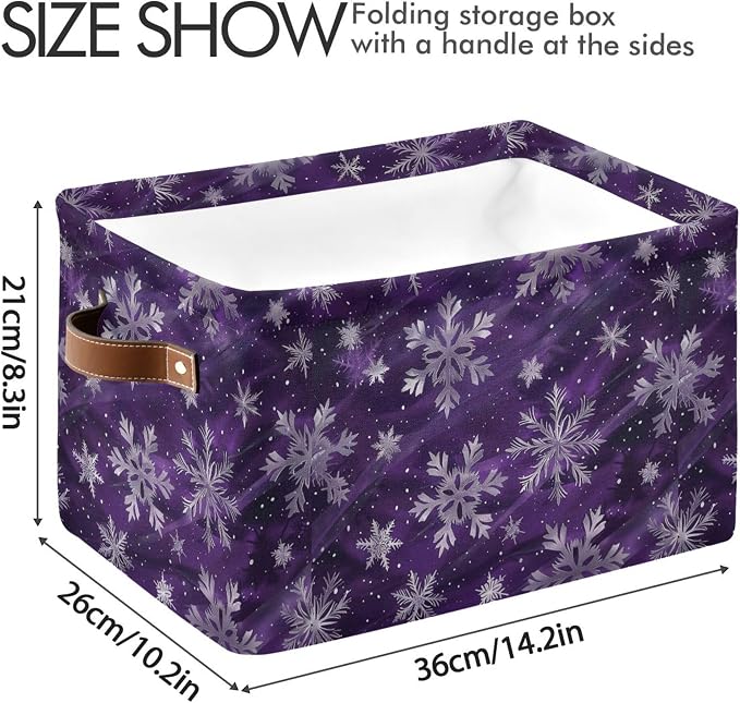 Wamika Winter Snowflake Storage Basket with Waterproof Liner and PU Handles Christmas Purple Xmas Storage Bins Boxes 14.2" Collapsible Decorative Organizer Baskets for Bedroom Closet Office 1 Pack