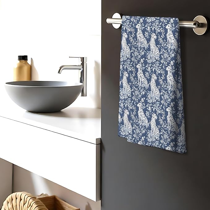 Chinoiserie Dalmation Floral Kitchen Towels,Dalmation Dog Gifts Decorative Hand Towels,Blue and White Grandmillennial Botanical Dog Dish Tea Towels for Bathroom, 16x24 Inch