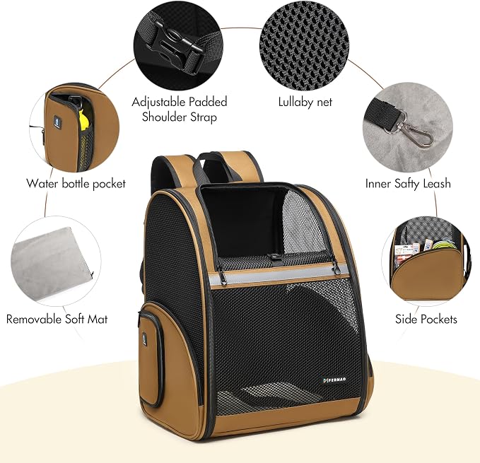 Pet Backpack Carrier, Large Cat Carrier Backpack Up to 20 Lbs with Breathable Mesh, for Medium Large Cats or Small Dogs, Travel Hiking Camping Backpack (Brown-XL)