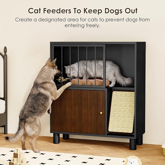 Dog Proof Cat Feeding Station, Metal Cat Feeding Cabinet, Black | Elevated Cat Feeding Station, Pet Food Station with Storage, Cat Bowl Stand, Scratching Board, Stainless Steel Bowls